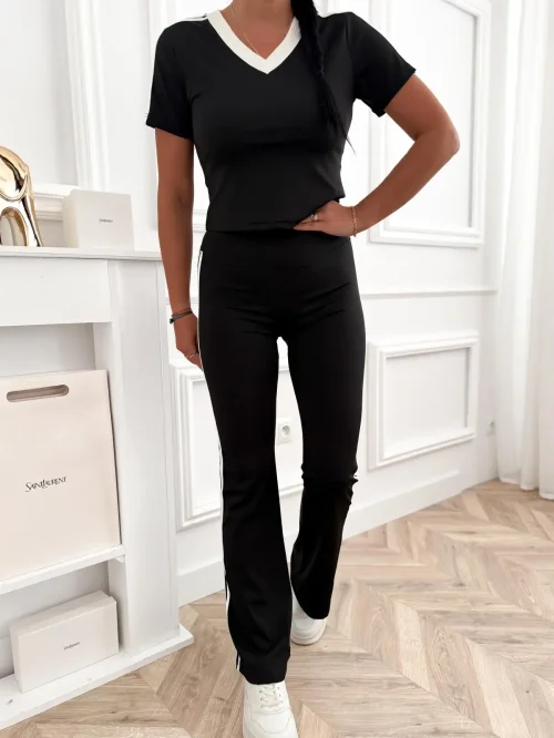 Komplet damski z bluzką V-neck i spodniami z lampasami